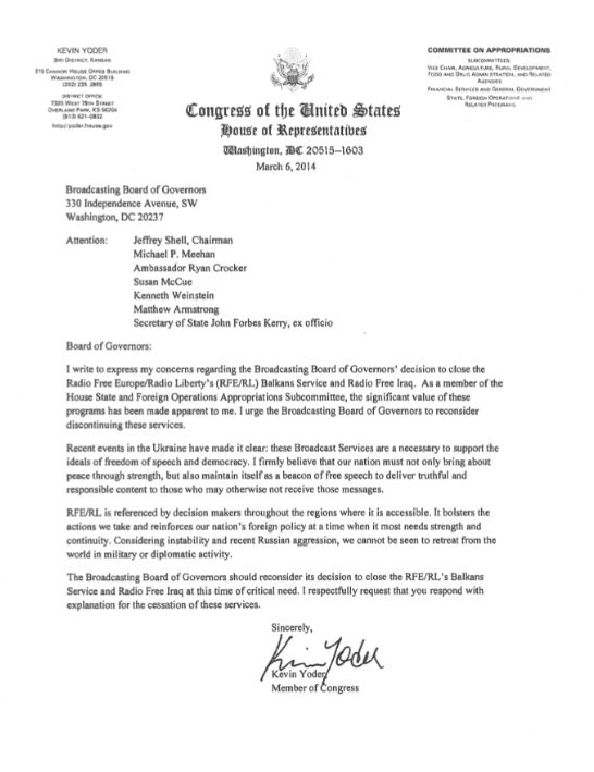 Rep. Kevin Yoder BBG Letter March 2014