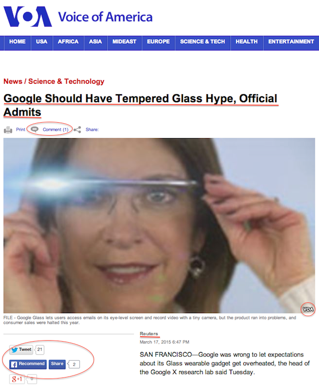 Reuters Report on Google Glass on VOA Site with VOA Photo Screen Shot 2015-05-08 at 5.10 PM ET