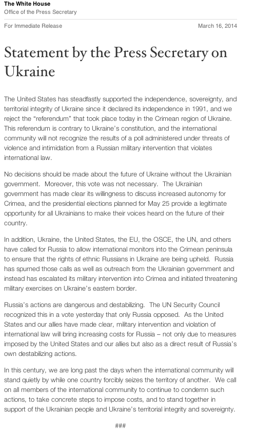 Statement by White House Press Secretary on Referendum in Crimea