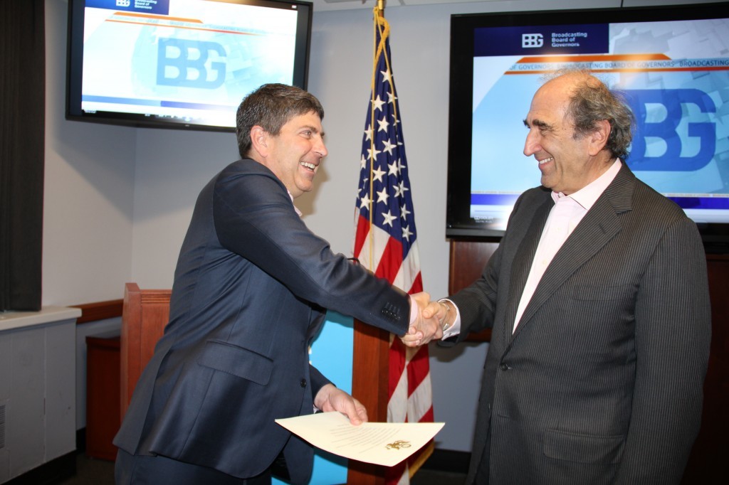 BBG Chairman Jeff Shell congratulates BBG CEO Andy Lack in August 2015.