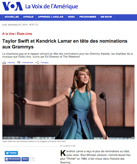 Top U.S. news on Voice of America French to Africa website on December 7, 2015: Taylor Swift and Kendrick Lamar lead Grammy nominations. The U.S. entertainment story is from Agence France Presse (AFP).