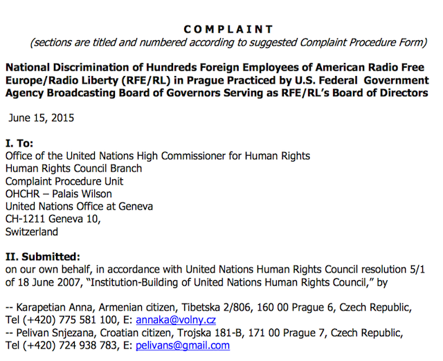 COMPLAINT to UN Human Rights Council by Former RFERL Employees