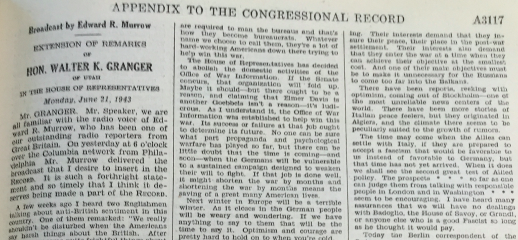 Edward R. Murrow 1943 Broadcast in Congressional Record