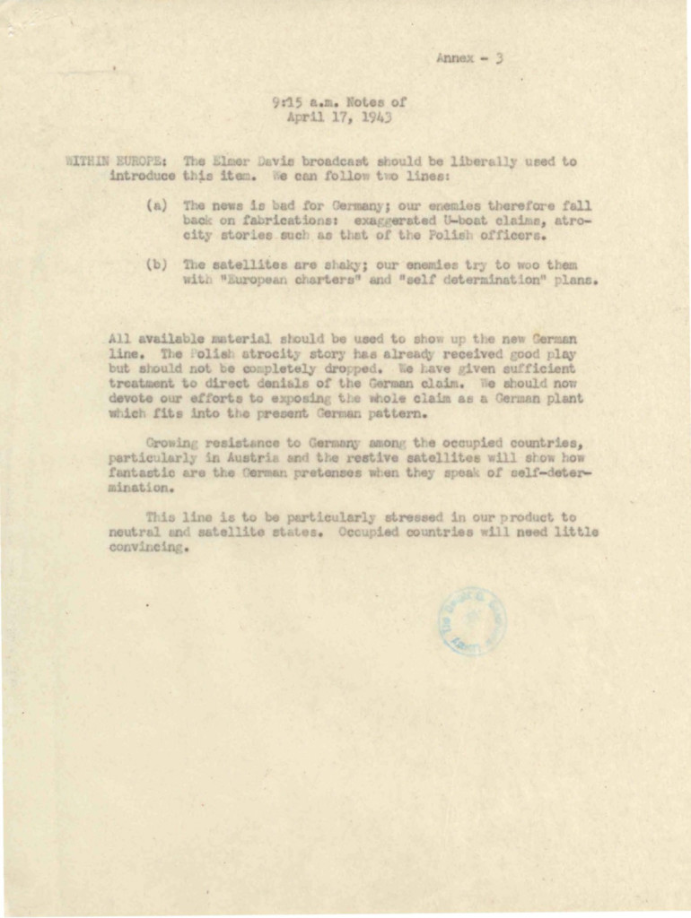 OWI Memorandum Promoting Elmer Davis' Katyn Broadcast April 17 1943