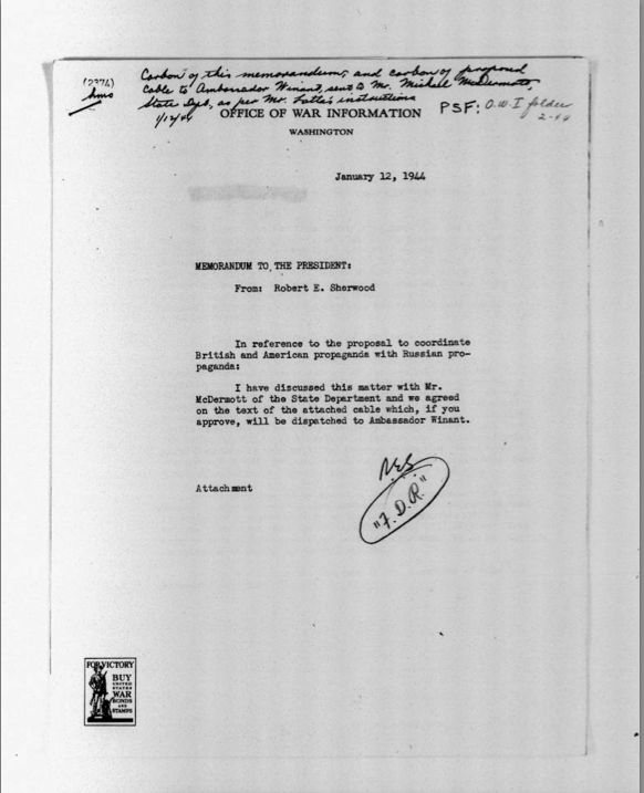 Robert E. Sherwood January 12 1944 Memo to FDR on Coordinating OWI and Soviet Propaganda