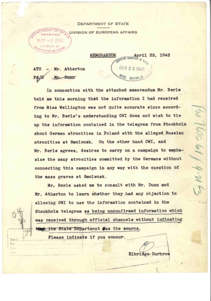 U.S. State Department Note Related to Katyn Massacre April 23 1943