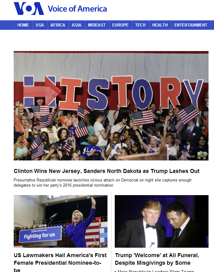 2016-06-07_224327 VOA Front Page Still no Clinton remarks 10:43PM