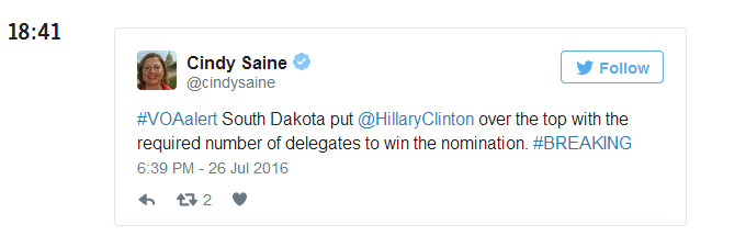 2016-07-26_184655 Saine Tweet re Clinton at 6:39 PM EDT posted by VOA at 6:41 PM EDT