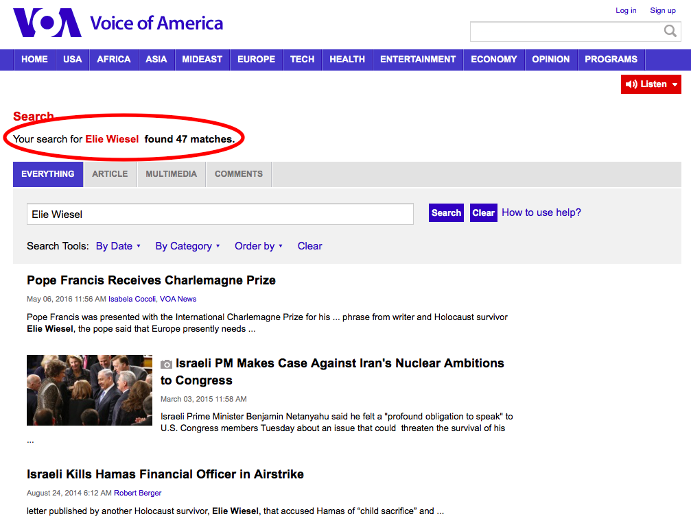 VOA Elie Wiesel Search Screen Shot 2016-07-02 at 5.02.45 PM ET