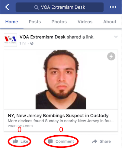 VOA Extremism Watch Desk, show absolutely zero audience engagement for nearly all of its Facebook posts, even when terrorist attacks are taking place on American soil, as they did last weekend.