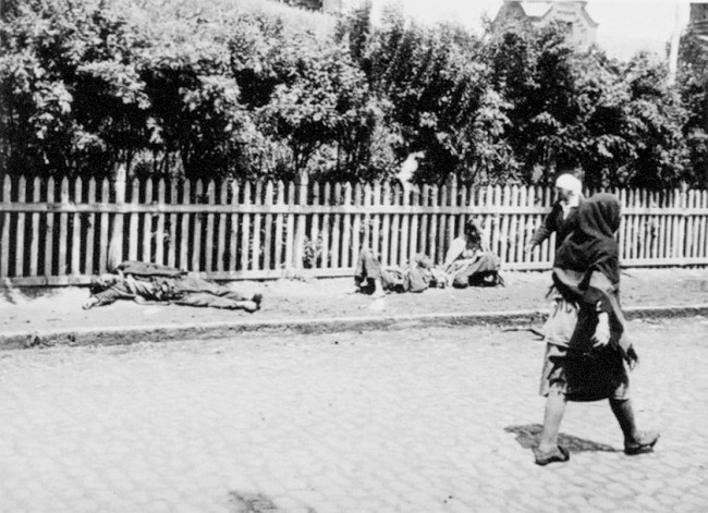 Starved peasants on a street in Kharkiv, 1933. In Famine in the Soviet Ukraine, 1932-1933: a memorial exhibition, Widener Library, Harvard University. Cambridge, Mass.: Harvard College Library: Distributed by Harvard University Press, 1986. Procyk, Oksana. Heretz, Leonid. Mace, James E. (James Earnest). ISBN: 0674294262. Page 35. Initially published in Muss Russland Hungern? [Must Russia Starve?], published by Wilhelm Braumüller, Wien [Vienna] 1935.