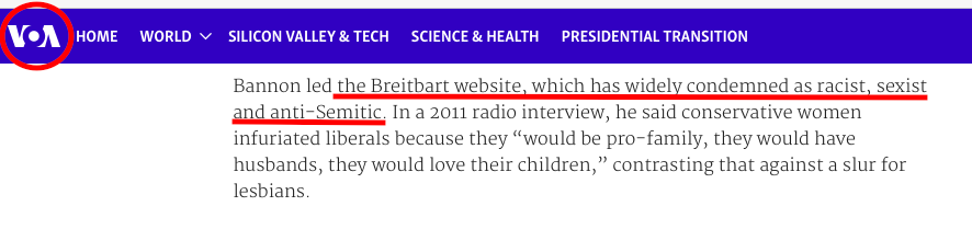 VOA says Breitbart is racist, sexist and anti-Semitic. Screen Shot  Accessed 2016-11-25 at 1.34 PM