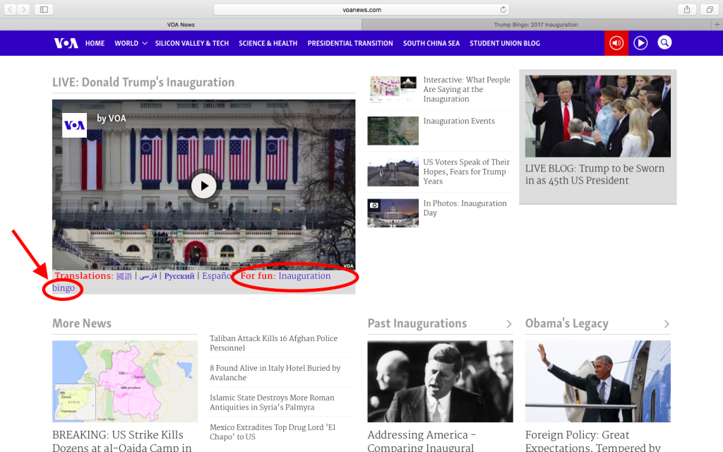 Voice of America Homepage Screen Shot With Link To Trump Inauguration Bingo 2017-01-20 at 12.04 PM ET