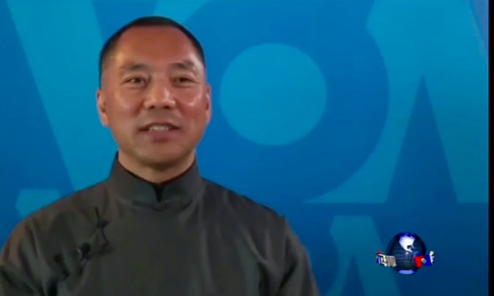 Chinese whistleblower Guo Wengui being interviewed by the Voice of America (VOA) Mandarin Service in April 2017. VOA senior management ordered the shortening of the live portion of the interview after the Chinese communist government and its Embassy in Washington demanded the canceling of the VOA program to China with Guo Wengui.
