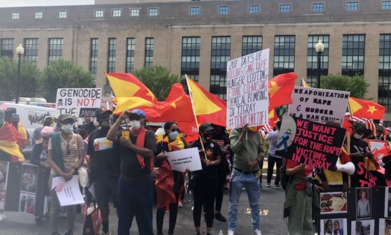 Washingtonian Tegaru protesting in front of the VOA building in DC demanding they cover #TigrayGenocide. The photo was posted on Twitter on June 2, 2021 by Rahel Tigraweyti (ሃገረ ዓባይ ትግራይ) @RYifter.