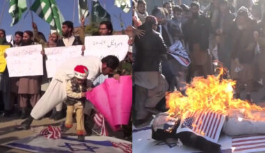 Screenshot from two of several lengthy raw footage videos posted on social media by the Voice of America (VOA), with the VOA logo, showing the burning of U.S. and Israeli flags in December 2017 without any attached balancing content, explanation of U.S. policy, or commentary.