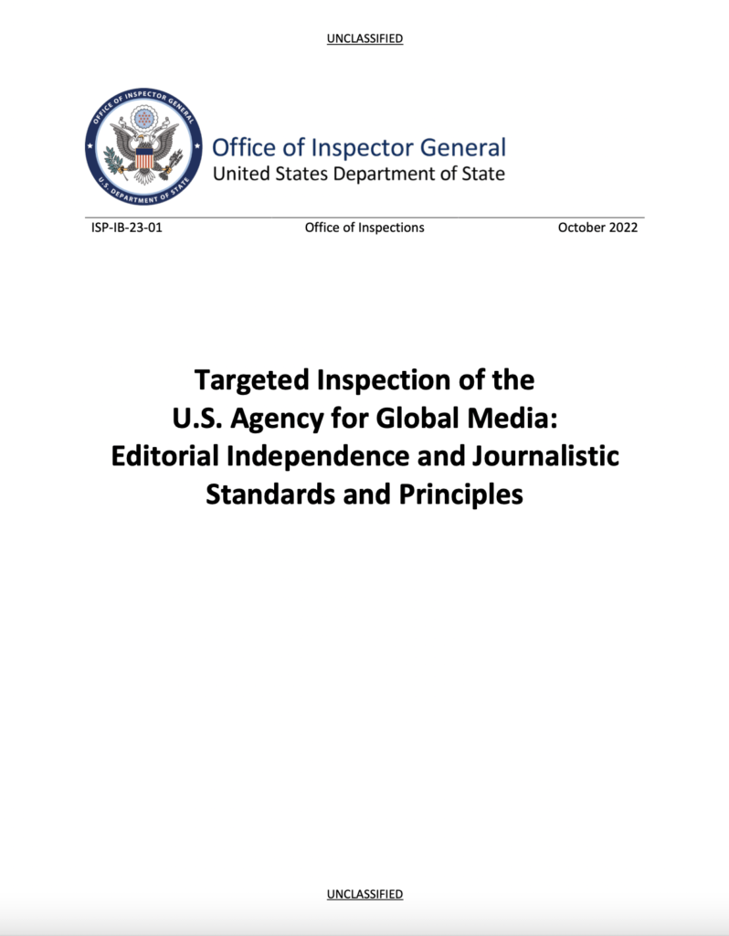 Targeted Inspection of the U.S. Agency for Global Media (USAGM): Editorial Independence and Journalistic Standards and Principles, Office of Inspector General (OPM), October 2022.